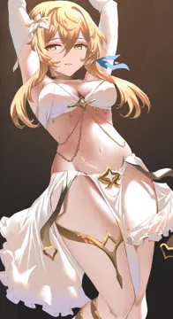 1girl alternate_costume arms_up belly_chain blonde_hair breasts brown_background choker cleavage crop_top elbow_gloves flower genshin_impact gloves groin hair_between_eyes hair_flower hair_ornament harem_outfit jewelry looking_at_viewer lumine__genshin_impact medium_breasts navel parted_lips pelvic_curtain shibenc16e4 short_hair_with_long_locks sidelocks simple_background skirt smile solo stomach thighlet thighs white_skirt yellow_eyes