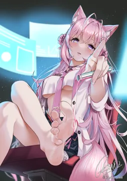 1girl animal_ear_fluff animal_ears bare_legs barefoot braid braided_bun casino__casinoep chemical_structure crown_braid feet foot_focus foreshortening greek_toe hair_bun hakui_koyori hakui_koyori__1st_costume holding holding_test_tube hololive horns lab_coat legs looking_at_viewer necktie pink_necktie soles solo spread_toes striped_horns test_tube toenails toes virtual_youtuber wolf_ears