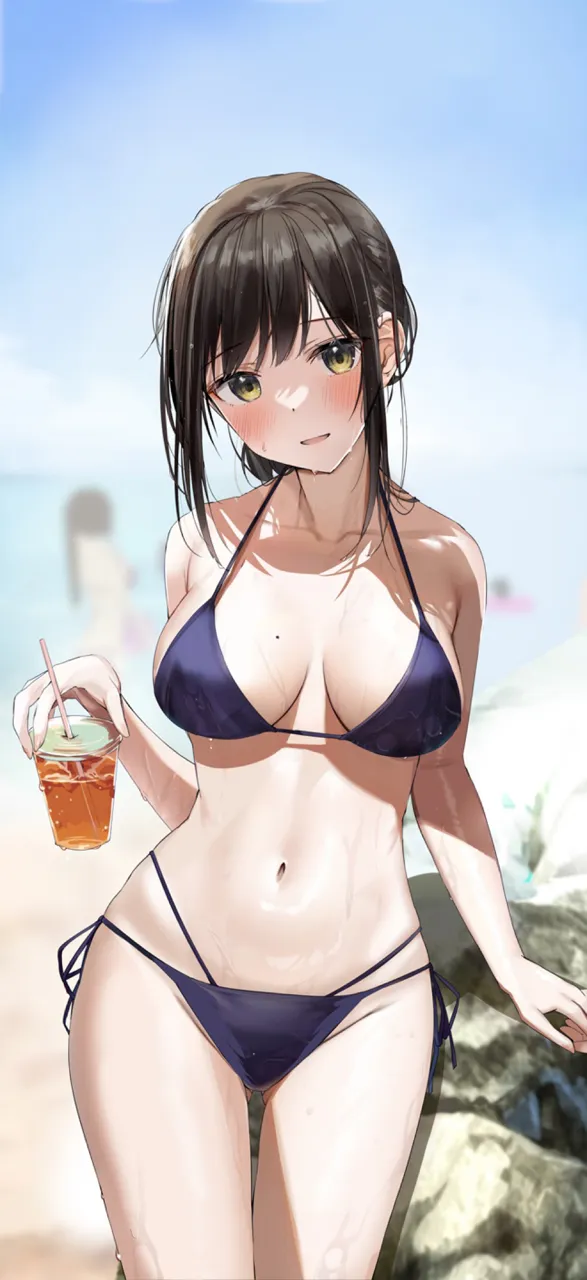 1girl ass_visible_through_thighs beach bikini blue_bikini blurry blurry_background breasts breasts_apart bubble_tea collarbone cup drinking_straw halterneck head_tilt holding holding_cup large_breasts looking_at_viewer mole mole_on_breast navel ocean outdoors rouka__akatyann side_tie_bikini_bottom solo_focus string_bikini swimsuit water wet yellow_eyes