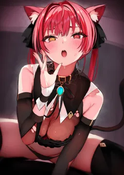 1girl animal_ear_fluff animal_ears black_panties black_ribbon black_thighhighs blush breasts cat_ears cat_girl cat_tail cleavage hand_up heterochromia hololive houshou_marine houshou_marine__1st_costume kemonomimi_mode large_breasts long_hair navel neck_ribbon open_mouth panties pomesaurus red_eyes red_hair ribbon see_through_cleavage see_through_clothes solo sweat sweatdrop tail teeth thighhighs twintails underwear upper_teeth_only virtual_youtuber yellow_eyes