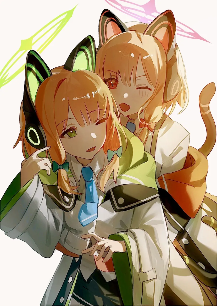 2girls animal_ears black_skirt blonde_hair blue_necktie blush bow coat collared_shirt fake_animal_ears green_eyes hair_bow halo headphones hug hug_from_behind long_sleeves looking_at_another medium_hair multiple_girls necktie one_eye_closed open_mouth orange_hair red_eyes shirt siblings sisters skirt smile tail twins white_coat white_shirt flatshi blue_archive midori__blue_archive momoi__blue_archive