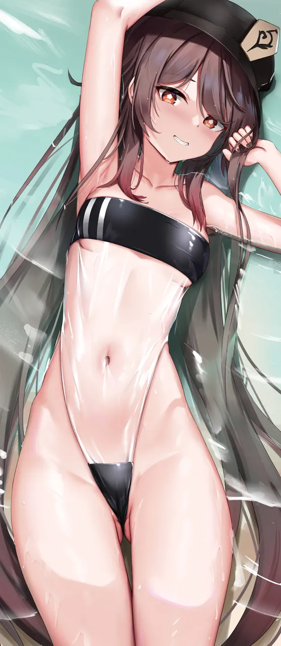 1girl arm_up armpits ass_visible_through_thighs bare_arms black_hat blush breasts brown_eyes brown_hair brown_nails cowboy_shot flower_shaped_pupils genshin_impact gris_swimsuit hat holding holding_own_hair hu_tao__genshin_impact long_hair looking_at_viewer lying meme_attire nail_polish navel on_back one_piece_swimsuit partially_submerged see_through_clothes skai_kun small_breasts solo stomach swimsuit symbol_shaped_pupils thigh_gap twintails very_long_hair water