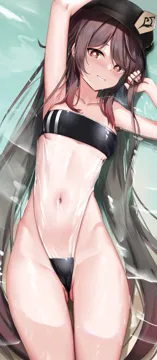 1girl arm_up armpits ass_visible_through_thighs bare_arms black_hat blush breasts brown_eyes brown_hair brown_nails cowboy_shot flower_shaped_pupils genshin_impact gris_swimsuit hat holding holding_own_hair hu_tao__genshin_impact long_hair looking_at_viewer lying meme_attire nail_polish navel on_back one_piece_swimsuit partially_submerged see_through_clothes skai_kun small_breasts solo stomach swimsuit symbol_shaped_pupils thigh_gap twintails very_long_hair water