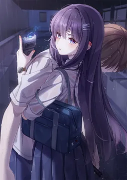 1boy 1girl bag black_bra blue_eyes blush borrowed_character bra brown_hair hair_ornament hairclip hug kidnapping long_hair looking_at_viewer looking_back mole mole_under_eye parted_lips pleated_skirt purple_hair rain school_bag school_uniform see_through_clothes skirt stun_gun underwear watch wet wet_clothes wristwatch unjem yandere_chan__unjem