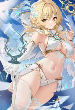 1girl bare_shoulders barefoot blonde_hair blush breasts congqian_you_ke_xing elbow_gloves feather_hair_ornament feathers flower genshin_impact gloves hair_flower hair_ornament hand_up hood large_breasts lumine__genshin_impact medium_hair navel parted_lips sidelocks single_glove single_thighhigh solo stomach thighhighs thighs toes white_gloves white_thighhighs yellow_eyes