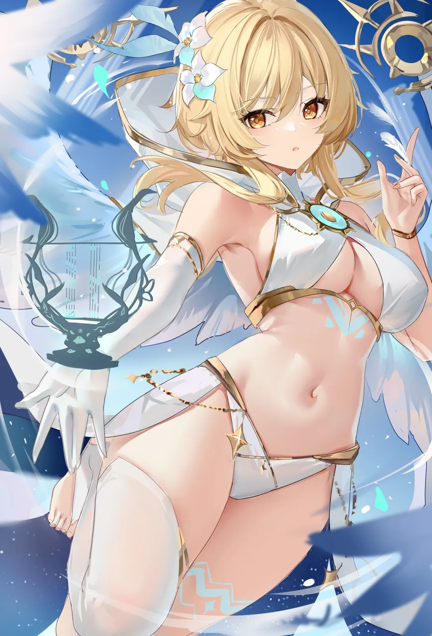 1girl bare_shoulders barefoot blonde_hair blush breasts congqian_you_ke_xing elbow_gloves feather_hair_ornament feathers flower genshin_impact gloves hair_flower hair_ornament hand_up hood large_breasts lumine__genshin_impact medium_hair navel parted_lips sidelocks single_glove single_thighhigh solo stomach thighhighs thighs toes white_gloves white_thighhighs yellow_eyes