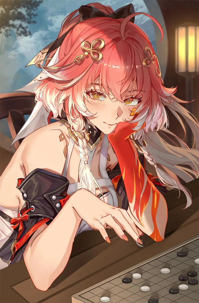 1girl ahoge bare_shoulders black_bow black_collar black_sleeves blush board_game body_markings bow braid breasts closed_mouth collar colored_extremities detached_sleeves dress fingernails go__board_game hair_between_eyes hair_bow hair_extensions hair_ornament halterneck hand_on_own_cheek hand_on_own_face head_rest indoors lamp large_breasts long_hair looking_at_viewer multicolored_hair on_chair pink_hair ponytail red_hands ring_hair_extensions sidelocks sitting smile solo twin_braids two_tone_hair very_long_hair white_bow white_dress white_hair yellow_eyes mihan__mihan_art wuthering_waves changli__wuthering_waves