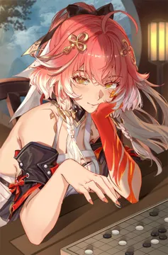 1girl ahoge bare_shoulders black_bow black_collar black_sleeves blush board_game body_markings bow braid breasts closed_mouth collar colored_extremities detached_sleeves dress fingernails go__board_game hair_between_eyes hair_bow hair_extensions hair_ornament halterneck hand_on_own_cheek hand_on_own_face head_rest indoors lamp large_breasts long_hair looking_at_viewer multicolored_hair on_chair pink_hair ponytail red_hands ring_hair_extensions sidelocks sitting smile solo twin_braids two_tone_hair very_long_hair white_bow white_dress white_hair yellow_eyes mihan__mihan_art wuthering_waves changli__wuthering_waves