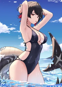 1girl alternate_costume armpits arms_behind_head arms_up artist_name black_hair black_one_piece_swimsuit blue_sky breasts casual_one_piece_swimsuit cleavage cloud colored_inner_hair day fins fish_tail from_side hair_ornament hairclip large_breasts large_tail looking_at_viewer mole mole_under_eye mouth_hold multicolored_hair ocean one_piece_swimsuit outdoors red_eyes red_hair scar scar_on_tail shark_girl shark_tail short_hair sideboob sky solo swimsuit tail two_tone_hair wading water water_drop wet wet_clothes wet_swimsuit x_hair_ornament rohioart zenless_zone_zero ellen_joe