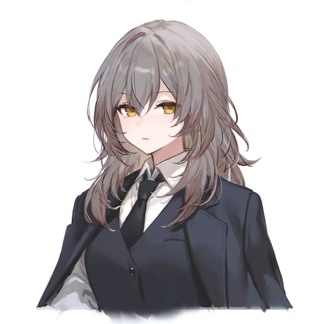 1girl alternate_costume black_coat black_necktie black_vest breast_pocket closed_mouth coat coat_on_shoulders collared_shirt cropped_torso expressionless grey_hair hair_between_eyes hair_intakes long_hair looking_at_viewer necktie pocket shirt sideways_glance simple_background solo three_quarter_view upper_body vest white_background white_shirt yellow_eyes adelie_cat honkai__star_rail honkai__series stelle__honkai__star_rail trailblazer__honkai__star_rail