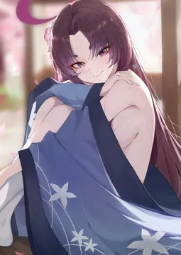 1girl closed_mouth eyeshadow flower hair_flower hair_ornament halo haori japanese_clothes long_hair long_sleeves looking_at_viewer makeup pink_flower purple_eyes purple_hair purple_halo red_eyeshadow smile socks solo white_socks wide_sleeves jiang_zhuti_jiojio blue_archive yukari__blue_archive