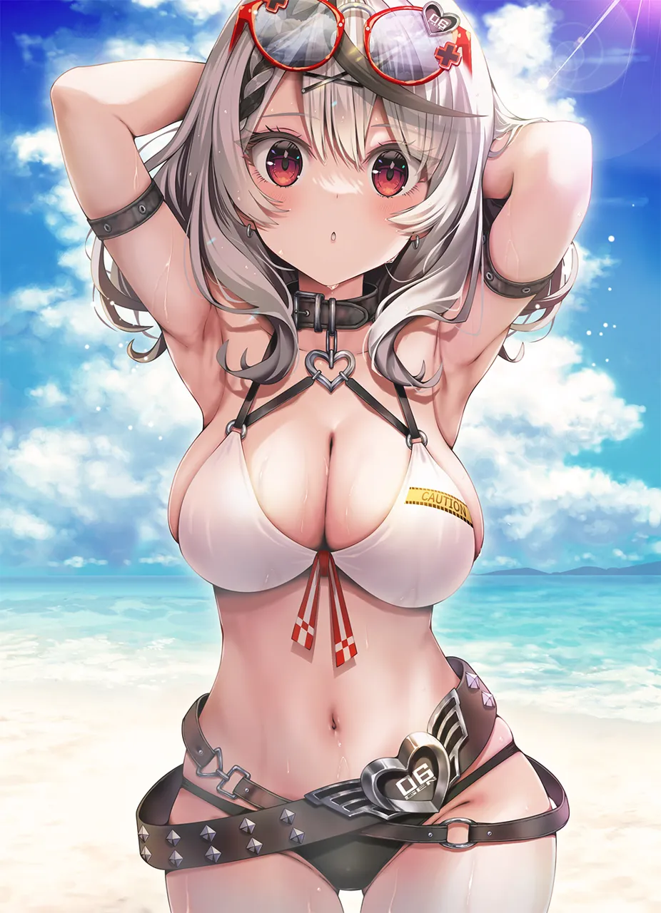 _o 1girl adapted_costume arm_strap armpits arms_behind_head arms_up beach belt belt_buckle bikini black_belt black_bikini black_collar black_hair blush braid breasts buckle caution_tape chestnut_mouth cleavage cloud cloudy_sky collar cowboy_shot crown_braid day earrings eyewear_on_head front_tie_bikini_top front_tie_top grey_hair hair_ornament hairclip halterneck hand_in_own_hair heart hololive hoop_earrings jewelry kubota_masaki large_breasts lens_flare looking_at_viewer loose_belt medium_hair mismatched_bikini multicolored_hair multiple_belts navel o_ring o_ring_belt o_ring_bikini o_ring_top outdoors parted_bangs parted_lips plus_sign red_eyes red_framed_eyewear sakamata_chloe sakamata_chloe__1st_costume sideboob sidelocks sky solo standing stomach streaked_hair string_bikini studded_belt sunglasses swimsuit two_tone_hair virtual_youtuber water wavy_hair wet wet_clothes wet_swimsuit white_bikini winged_heart x_hair_ornament