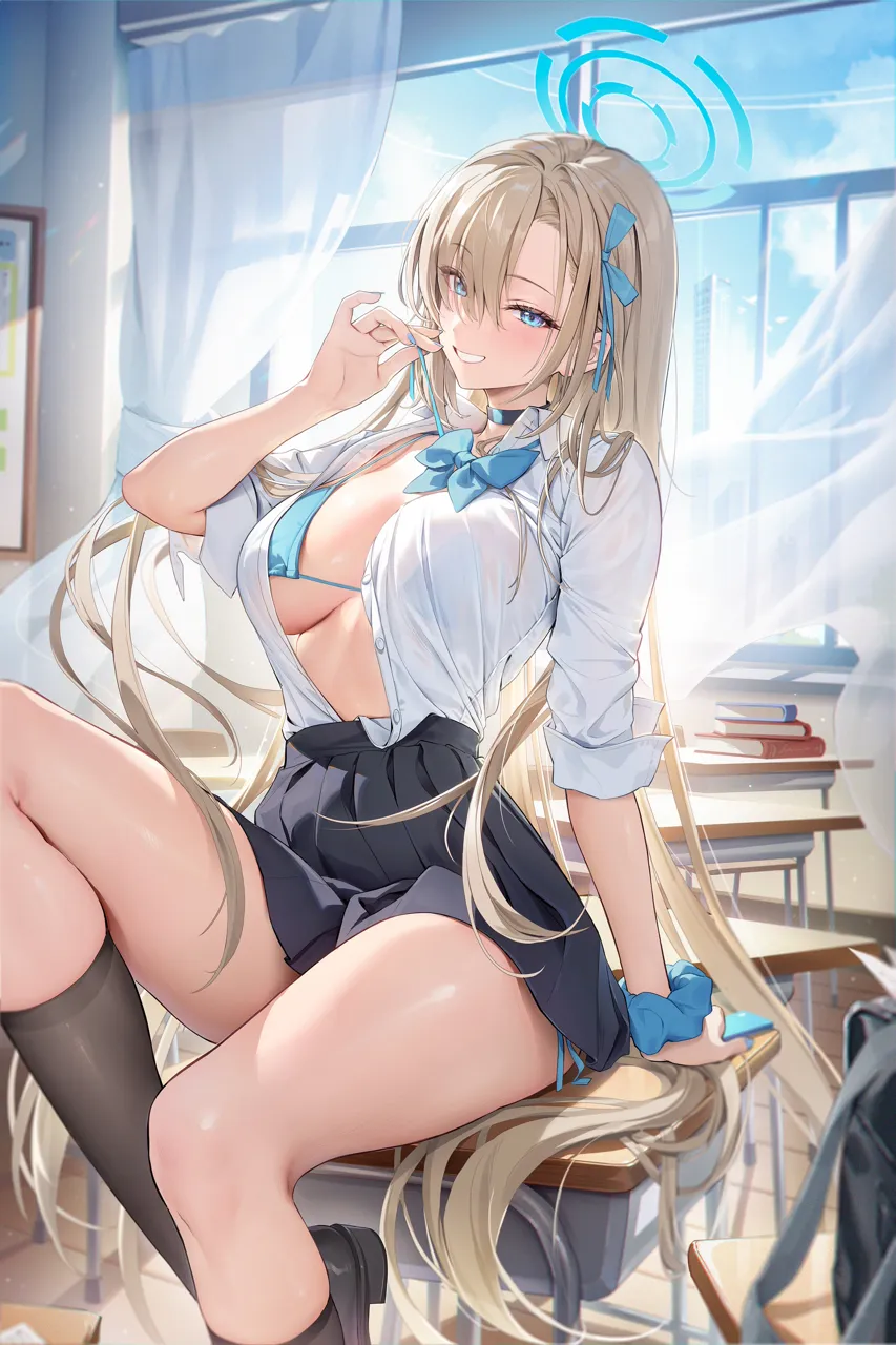 1girl arm_behind_back arm_support asuna__blue_archive asuna__school_uniform__blue_archive asymmetrical_bangs bag bikini black_skirt blonde_hair blue_archive blue_bikini blue_bow blue_bowtie blue_eyes blue_skirt blush book book_stack bow bowtie breasts chair classroom collared_shirt curtains desk foot_out_of_frame foot_up grin hair_flowing_over hair_over_one_eye hair_ribbon halo houkisei indoors knee_up kneehighs large_breasts long_hair looking_at_viewer loose_bowtie miniskirt nail_polish on_desk open_clothes open_shirt pleated_skirt ribbon school_bag school_desk school_uniform scrunchie see_through_clothes see_through_shirt shirt shirt_tucked_in side_tie_bikini_bottom side_tie_peek sitting skirt sleeve_rolled_up smile socks solo string_bikini swimsuit swimsuit_under_clothes thick_thighs thighs unbuttoned unbuttoned_shirt untying very_long_hair window wrist_scrunchie