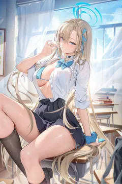 1girl arm_behind_back arm_support asuna__blue_archive asuna__school_uniform__blue_archive asymmetrical_bangs bag bikini black_skirt blonde_hair blue_archive blue_bikini blue_bow blue_bowtie blue_eyes blue_skirt blush book book_stack bow bowtie breasts chair classroom collared_shirt curtains desk foot_out_of_frame foot_up grin hair_flowing_over hair_over_one_eye hair_ribbon halo houkisei indoors knee_up kneehighs large_breasts long_hair looking_at_viewer loose_bowtie miniskirt nail_polish on_desk open_clothes open_shirt pleated_skirt ribbon school_bag school_desk school_uniform scrunchie see_through_clothes see_through_shirt shirt shirt_tucked_in side_tie_bikini_bottom side_tie_peek sitting skirt sleeve_rolled_up smile socks solo string_bikini swimsuit swimsuit_under_clothes thick_thighs thighs unbuttoned unbuttoned_shirt untying very_long_hair window wrist_scrunchie