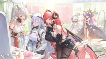 5girls armpits azur_lane bare_shoulders black_horns breasts brushing_hair cleavage closed_mouth copyright_name curled_horns demon_horns detached_sleeves felix_schultz__azur_lane flandre__azur_lane gloves hair_between_eyes hair_brush hand_in_another_s_hair hanging_breasts high_heels highleg highleg_leotard hindenburg__azur_lane holding_another_s_hair horns kearsarge__azur_lane keto_cactus large_breasts leotard lipstick long_hair makeup medium_breasts multiple_girls nontraditional_miko one_eye_closed open_mouth pantyhose purple_eyes purple_hair red_hair shimanto__azur_lane showgirl_skirt sidelocks sitting small_breasts standing very_long_hair white_hair white_leotard wings