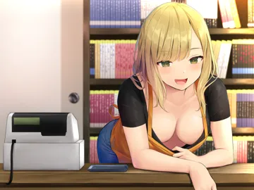 1girl bent_over blonde_hair blurry blurry_background blush bookshelf breasts cash_register cleavage cleavage_reach clothes_pull collarbone denim depth_of_field downblouse extended_downblouse flashing green_eyes indoors jeans long_hair looking_at_viewer medium_breasts no_bra oekakizuki open_mouth pants presenting_breasts pulling_own_clothes shirt_pull shirt_tug sidelocks smile solo
