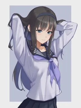 1girl arms_up bangs black_hair black_sailor_collar black_skirt blue_eyes blue_neckerchief blush closed_mouth eyebrows_visible_through_hair grey_background hairband long_hair long_sleeves looking_at_viewer neckerchief pleated_skirt sailor_collar school_uniform serafuku shirt skirt smile solo two_tone_background tsukihime aohno_akiha__tsukihime