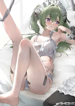 1girl armpits ass bandaid bandaid_on_leg barefoot blush breasts cuffs dot_nose finger_to_mouth green_hair hair_between_eyes hair_intakes hand_on_own_stomach leg_up legs long_hair lying maid_headdress on_back on_bed panties parted_lips purple_eyes scar scar_on_shoulder shackles small_breasts solo sweat twintails underwear unworn_clothes white_panties yawww__yawwwart zenless_zone_zero corin_wickes__zenless_zone_zero