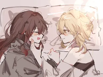 2girls blonde_hair brown_hair closed_eyes closed_mouth from_above grey_hoodie hand_on_another_s_face hood hoodie long_hair looking_at_another lying multiple_girls on_bed on_side open_mouth pillow smile yellow_eyes yuri jako_gnsn genshin_impact hu_tao__genshin_impact lumine__genshin_impact