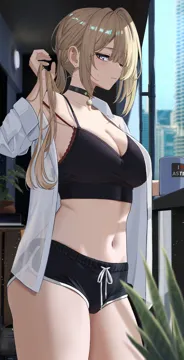 1girl alternate_costume black_camisole black_choker black_shorts blonde_hair blue_sky blurry blurry_foreground bra bra_peek breasts camisole choker cleavage closed_mouth coffee_mug collarbone collared_shirt cowboy_shot cup day dolphin_shorts hair_down large_breasts long_hair looking_at_viewer mole mole_under_eye mug navel one_eye_closed open_clothes open_shirt purple_eyes red_bra shirt short_shorts shorts sidelocks sky solo stomach thighs underwear white_shirt gaitoou zenless_zone_zero evelyn_chevalier__zenless_zone_zero