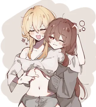2girls anger_vein blonde_hair blush bright_pupils brown_background brown_hair closed_eyes closed_mouth clothes_lift flower_shaped_pupils grabbing_another_s_breast grabbing_from_behind grey_shirt grey_sweater groping hand_on_another_s_head hand_under_clothes long_sleeves multiple_girls navel off_shoulder one_eye_closed open_mouth red_eyes shirt shirt_lift short_hair_with_long_locks smile squeans sweatdrop sweater symbol_shaped_pupils two_tone_background upper_body white_background white_pupils yuri jako_gnsn genshin_impact hu_tao__genshin_impact lumine__genshin_impact