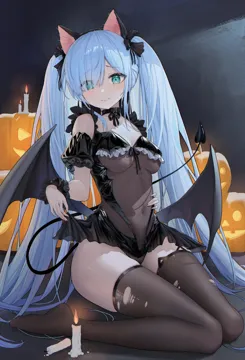 1girl animal_ear_legwear animal_ears aqua_eyes azur_lane bare_shoulders black_dress black_scrunchie black_tail black_thighhighs black_wings blue_hair breasts candle cat_ear_legwear cat_ears cleavage closed_mouth covered_navel demon_tail demon_wings detached_sleeves dress eyes_visible_through_hair fake_animal_ears fangfangtu hair_over_one_eye halloween halloween_costume janus__azur_lane janus__fright_night_scaredy_cat__azur_lane long_hair looking_at_viewer low_wings medium_breasts official_alternate_costume official_alternate_hairstyle puffy_sleeves pumpkin scrunchie see_through_clothes see_through_dress seiza sitting skirt_hold solo tail thighhighs thighs torn_clothes torn_thighhighs very_long_hair wings wrist_scrunchie
