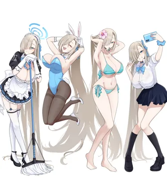 1girl absurdly_long_hair alternate_costume asuna__blue_archive asuna__bunny__blue_archive asuna__school_uniform__blue_archive asymmetrical_bangs barefoot bikini black_footwear black_skirt blue_archive blue_bikini blue_eyes blue_leotard breasts broom brown_pantyhose cellphone flower full_body hair_flower hair_ornament hair_over_one_eye hair_ribbon halo holding holding_broom holding_phone jumping large_breasts leotard long_bangs long_hair maid maid_headdress multiple_views navel official_alternate_costume pantyhose phone playboy_bunny ribbon school_uniform selfie shirt shoes sideboob simple_background skirt standing stomach strapless strapless_leotard swimsuit thighhighs toes very_long_hair white_background white_shirt white_thighhighs yoru0409 zettai_ryouiki