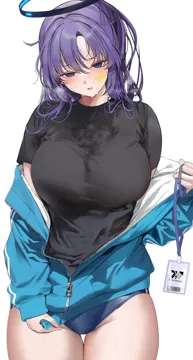 1girl black_shirt blue_archive blue_buruma blue_eyes blue_hair blue_jacket blush breasts buruma cowboy_shot gym_uniform halo holding jacket jacket_partially_removed lanyard large_breasts long_hair looking_at_viewer marushin__denwa0214 mechanical_halo official_alternate_costume parted_lips partially_unzipped shirt short_sleeves simple_background solo stain stained_clothes sweat sweaty_clothes t_shirt thigh_gap track_jacket unkempt wet wet_clothes wet_shirt white_background yuuka__blue_archive yuuka__track__blue_archive zipper zipper_pull_tab