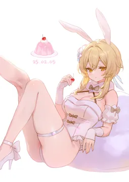 1girl alternate_costume bare_shoulders blonde_hair blush breasts cake feather_hair_ornament feathers flower food hair_between_eyes hair_flower hair_ornament holding holding_food leotard long_hair medium_breasts short_hair_with_long_locks sidelocks solo thighs white_flower white_leotard yellow_eyes adelie_cat genshin_impact lumine__genshin_impact