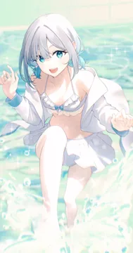 1girl aqua_eyes aqua_hair bikini bikini_skirt blunt_bangs breasts cleavage collarbone frilled_bikini frills gradient_hair grey_hair halterneck jacket kicking looking_at_viewer low_twintails medium_breasts mole mole_under_eye multicolored_hair off_shoulder open_mouth parted_bangs shallow_water short_hair sidelocks smile solo sparkle splashing swimsuit teeth twintails upper_teeth_only virtual_youtuber wading water wet white_bikini white_jacket zakki3939 lupinus_virtual_games vspo kaga_sumire