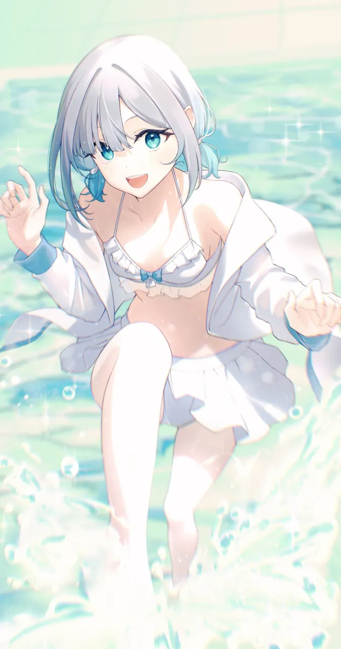 1girl aqua_eyes aqua_hair bikini bikini_skirt blunt_bangs breasts cleavage collarbone frilled_bikini frills gradient_hair grey_hair halterneck jacket kicking looking_at_viewer low_twintails medium_breasts mole mole_under_eye multicolored_hair off_shoulder open_mouth parted_bangs shallow_water short_hair sidelocks smile solo sparkle splashing swimsuit teeth twintails upper_teeth_only virtual_youtuber wading water wet white_bikini white_jacket zakki3939 lupinus_virtual_games vspo kaga_sumire