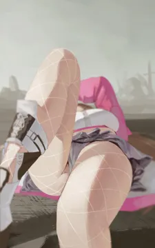 1girl blurry blurry_background blurry_foreground boots breasts crop_top fishnets grey_skirt jacket knee_up large_breasts lying on_back pink_jacket rubble ruins skirt solo thighs white_boots midfinger goddess_of_victory__nikke viper__nikke