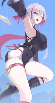 1girl armpits belt black_belt black_boots black_sleeves black_unitard blue_eyes blue_sky boots breasts coin colored_inner_hair detached_sleeves foot_out_of_frame from_side grey_hair hair_between_eyes hip_vent knee_boots knee_up large_breasts multicolored_hair one_eye_closed open_mouth outstretched_arms panties red_hair short_hair side_tie_panties sidelocks skindentation sky solo streaked_hair thigh_strap thighs underwear sanshoku_dango__shukosuko honkai__star_rail honkai__series topaz__honkai__star_rail