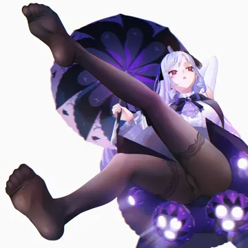 1girl ascot ass black_nails black_pantyhose bow bowtie breast_curtains breasts drill_hair feet floating full_body gem holding holding_umbrella large_breasts long_hair long_legs long_sleeves no_shoes open_mouth panties panties_under_pantyhose pantyhose patterned_legwear purple_ascot purple_bow purple_bowtie purple_gemstone purple_hair purple_umbrella red_eyes simple_background soles solo teeth umbrella underwear white_background white_panties taaakaaaa zenless_zone_zero vivian__zenless_zone_zero