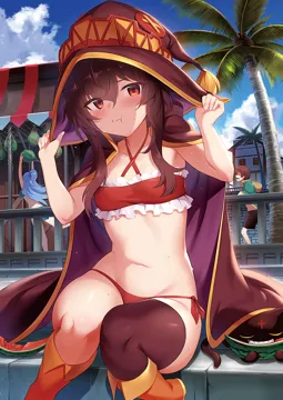 1boy 2girls aqua__konosuba asymmetrical_legwear bikini black_cape black_thighhighs blue_hair blush boots breasts brown_hair cape chomusuke criss_cross_halter day food food_on_face frilled_bikini frills fruit hair_between_eyes halterneck hand_on_headwear hands_up hat hat_tug knee_boots kono_subarashii_sekai_ni_shukufuku_wo looking_at_viewer m_da_s_tarou megumin midriff multiple_girls navel outdoors palm_tree petite pout red_bikini red_eyes satou_kazuma shaded_face short_hair_with_long_locks side_tie_bikini_bottom sidelocks single_thighhigh sitting small_breasts solo_focus sweat swimsuit thighhighs tree uneven_legwear watermelon witch_hat