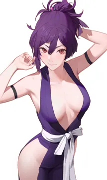 1girl arm_strap armpits arms_up blunt_ends breasts brown_eyes center_opening closed_mouth double_parted_bangs drid hair_between_eyes hip_vent japanese_clothes jigokuraku kimono kishimen_hair large_breasts looking_at_viewer medium_breasts medium_hair ninja purple_hair purple_kimono sash short_hair simple_background smile solo topknot white_background white_sash yuzuriha__jigokuraku