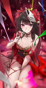 1girl arm_between_legs bare_shoulders bell blush breasts brown_hair butterfly_shaped_pupils dress fox_mask gun gun_to_head hair_bell hair_ornament holding holding_gun holding_weapon jingle_bell long_hair looking_at_viewer mark_under_both_eyes mask mask_on_head medium_breasts neck_bell obi purple_eyes red_dress sash short_dress sitting smile solo strapless strapless_dress symbol_shaped_pupils teeth thighs twintails very_long_hair wariza weapon yawww__yawwwart honkai__star_rail honkai__series sparkle__honkai__star_rail