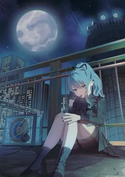 1girl black_gloves black_nails blue_eyes blue_hair boots city earrings full_moon gloves half_gloves jewelry looking_at_viewer microphone moon nail_polish night night_sky outdoors ponytail shooting_star shorts single_glove single_half_glove sky solo star__sky star__symbol star_in_eye symbol_in_eye virtual_youtuber maria_onnette hololive hoshimachi_suisei__hololive hoshimachi_suisei__shout_in_crisis__hololive