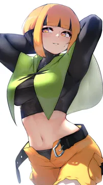 1girl arms_behind_head arms_up belt black_belt black_hair black_shirt blush breasts cowboy_shot crop_top cropped_shirt fine_fabric_emphasis gardenia__pokemon kashu__hizake long_sleeves medium_breasts midriff multicolored_hair navel open_belt open_fly orange_eyes orange_hair panties panty_peek parted_lips pokemon pokemon_dppt poncho shirt short_hair shorts simple_background solo standing sweatdrop two_tone_hair underwear white_background yellow_shorts