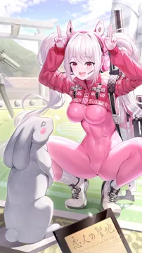 1girl alice__nikke animal_ear_headphones animal_ears arms_up blue_sky blush bodysuit breasts clothes_writing cloud covered_navel cropped_jacket day english_text fake_animal_ears gloves goddess_of_victory__nikke groin gun headphones headset jacket large_breasts light_rays long_hair long_sleeves outdoors pink_bodysuit pink_headphones puffy_long_sleeves puffy_sleeves rabbit rabbit_pose red_eyes red_jacket ribbed_legwear rifle ririko__zhuoyandesailaer scope shoes skin_tight sky smile sniper_rifle socks solo spread_legs squatting statue teeth torii twintails upper_teeth_only very_long_hair weapon white_gloves white_hair white_shoes white_socks zipper