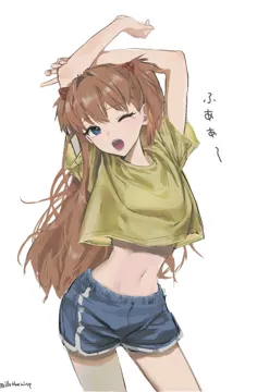 1girl arms_up bangs blue_eyes blue_shorts brown_hair cowboy_shot crop_top_overhang denim_shorts hair_ornament long_hair midriff navel one_eye_closed open_mouth shirt short_sleeves shorts simple_background skinny solo standing white_background illothewisp neon_genesis_evangelion souryuu_asuka_langley__neon_genesis_evangelion