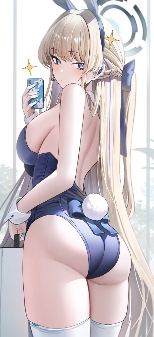 1girl animal_ears ass blonde_hair blue_archive blue_eyes blue_hairband blue_halo blue_leotard blue_nails blush breasts briefcase cellphone earrings fake_animal_ears fake_tail from_behind hairband halo headset highleg highleg_leotard holding holding_briefcase holding_phone jewelry jeze large_breasts leotard long_hair looking_back microphone official_alternate_costume official_alternate_hairstyle parted_lips phone piercing playboy_bunny rabbit_ears rabbit_tail selfie sideboob smartphone solo straight_hair strapless strapless_leotard stud_earrings tail thighhighs thighs toki__blue_archive toki__bunny__blue_archive very_long_hair white_thighhighs wrist_cuffs