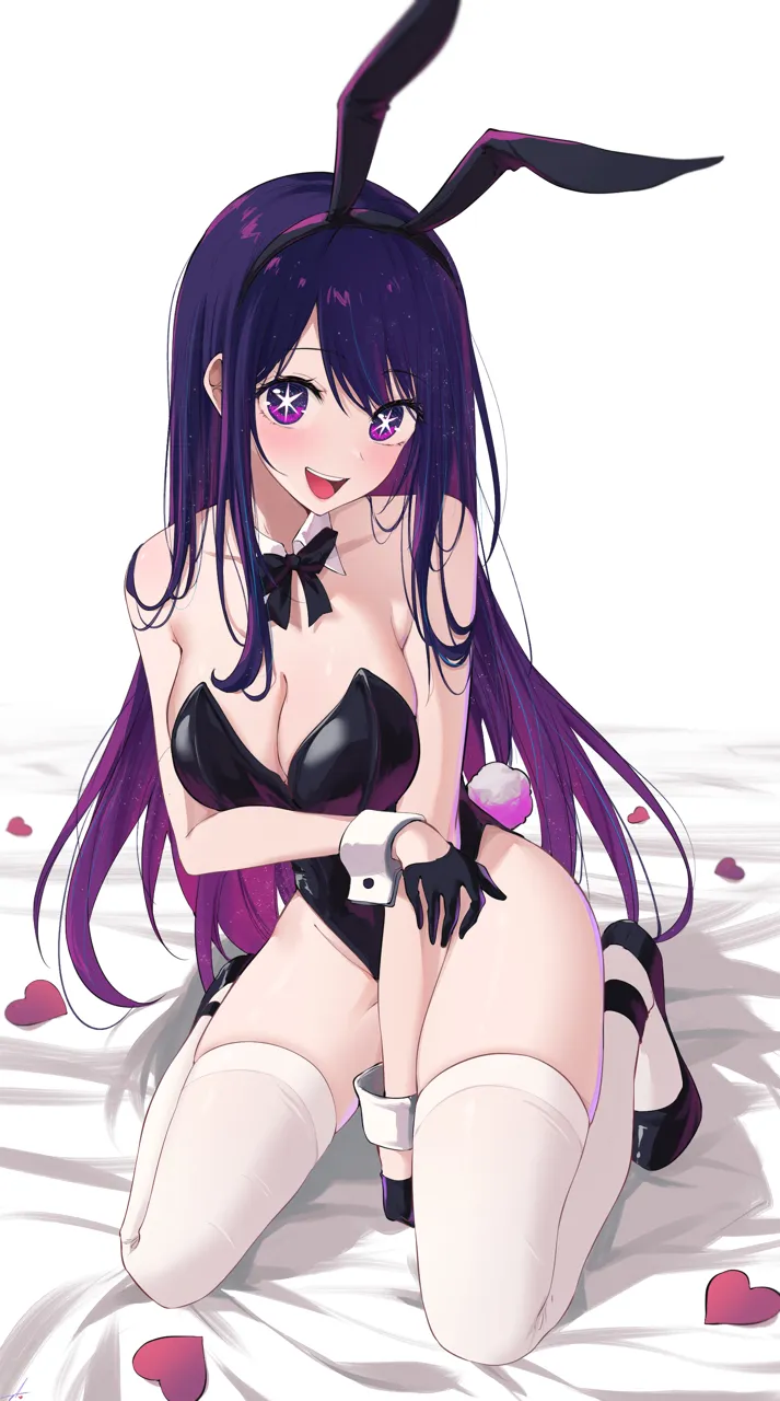 1girl alternate_costume animal_ears bare_shoulders black_leotard blush bow bowtie breasts cleavage detached_collar fake_animal_ears feint721 high_heels highleg highleg_leotard hoshino_ai large_breasts leotard long_hair looking_at_viewer multicolored_hair open_mouth oshi_no_ko pink_eyes playboy_bunny purple_eyes purple_hair rabbit_ears rabbit_tail smile solo star__symbol star_shaped_pupils strapless strapless_leotard symbol_in_eye symbol_shaped_pupils tail thighhighs wrist_cuffs