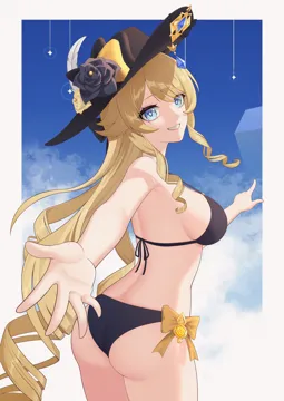 1girl alternate_costume ass bare_back bare_shoulders bikini black_bikini black_flower black_hat blonde_hair blue_eyes blue_sky border bow breasts cloud cowboy_shot drill_hair flower from_behind geo_symbol__genshin_impact halterneck hat hat_flower long_hair looking_at_viewer looking_back medium_breasts outside_border outstretched_arm pointing sky smile solo star__symbol star_in_eye stomach string_bikini swimsuit symbol_in_eye teeth thighs very_long_hair vision__genshin_impact white_border yellow_bow yellow_flower sasaki3rd genshin_impact navia__genshin_impact