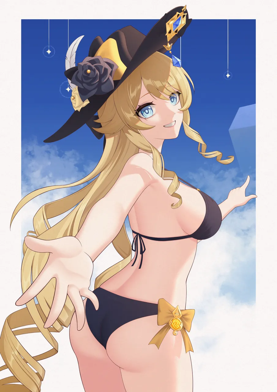 1girl alternate_costume ass bare_back bare_shoulders bikini black_bikini black_flower black_hat blonde_hair blue_eyes blue_sky border bow breasts cloud cowboy_shot drill_hair flower from_behind geo_symbol__genshin_impact halterneck hat hat_flower long_hair looking_at_viewer looking_back medium_breasts outside_border outstretched_arm pointing sky smile solo star__symbol star_in_eye stomach string_bikini swimsuit symbol_in_eye teeth thighs very_long_hair vision__genshin_impact white_border yellow_bow yellow_flower sasaki3rd genshin_impact navia__genshin_impact