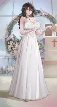 1girl breasts brown_hair choker dress elbow_gloves gloves heart heart_shaped_pupils jewelry large_breasts long_hair looking_at_viewer necklace red_eyes see_through_clothes sheer_gloves smile solo symbol_shaped_pupils wedding_dress white_choker white_dress white_gloves gdhs