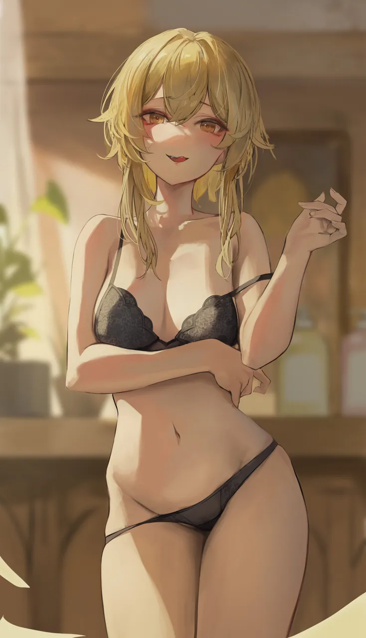 1girl alternate_costume arm_across_chest arm_under_breasts black_bra black_panties blonde_hair blurry blurry_background bra breasts genshin_impact hair_between_eyes hand_up indoors leviathan__hikinito0902 licking_lips lumine__genshin_impact medium_breasts naughty_face navel open_mouth panties short_hair_with_long_locks solo stomach strap_slip tongue tongue_out underwear underwear_only yellow_eyes