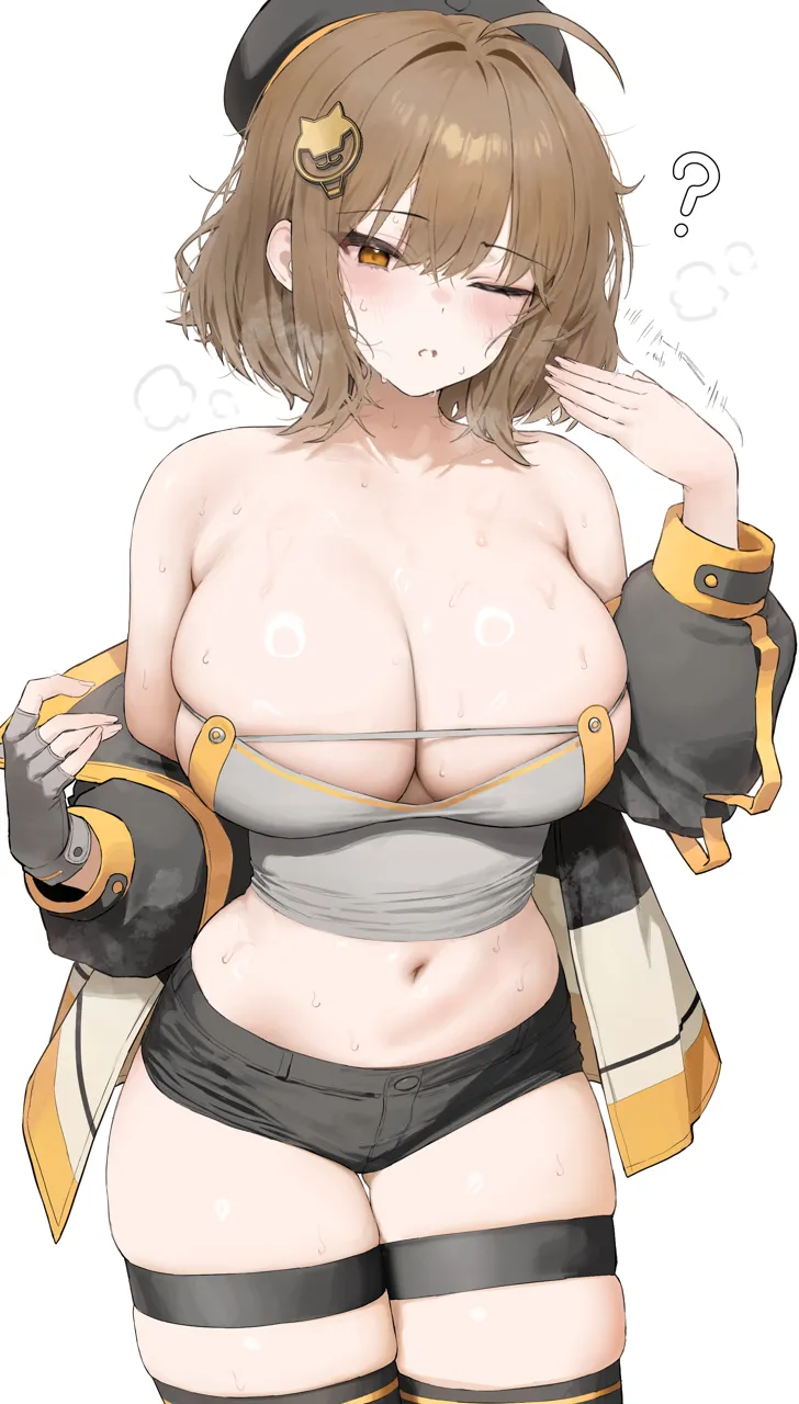 1girl ahoge anis__nikke ass_visible_through_thighs bare_shoulders black_jacket black_shorts blush breasts brown_eyes brown_hair cleavage cowboy_shot crop_top curvy fanning_face fanning_self fingerless_gloves gloves goddess_of_victory__nikke hair_intakes jacket large_breasts low_neckline medium_hair midriff mochirong multicolored_jacket navel off_shoulder one_eye_closed shirt short_shorts shorts simple_background single_glove skindentation solo stomach strapless strapless_shirt sweat thick_thighs thigh_strap thighs white_background yellow_jacket