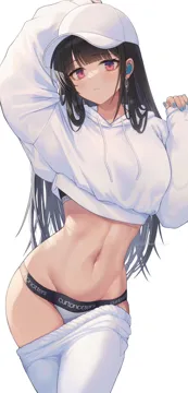 1girl arm_up black_hair black_sports_bra blue_nails blunt_bangs blush closed_mouth clothes_pull earphones earrings fingernails groin hat jacket jewelry long_hair long_sleeves looking_at_viewer makamati nail_polish navel pants pants_pull red_eyes simple_background solo sports_bra sportswear stomach twitter_username white_background white_hat white_jacket white_pants wireless_earphones