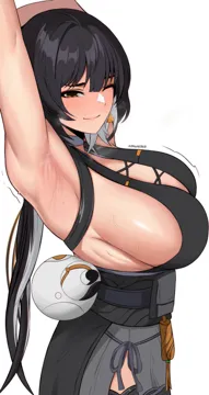 1girl armpits arms_up black_hair blush breasts colored_inner_hair earrings edmun6969 eyeliner female_rover__wuthering_waves grey_hair jewelry large_breasts long_hair looking_at_viewer low_ponytail makeup multicolored_hair one_eye_closed pangu_terminal__wuthering_waves ponytail presenting_armpit red_eyeliner rover__wuthering_waves sash side_tie sideboob simple_background smile solo sweat tassel tassel_earrings twitter_username two_tone_hair white_background wuthering_waves yellow_eyes